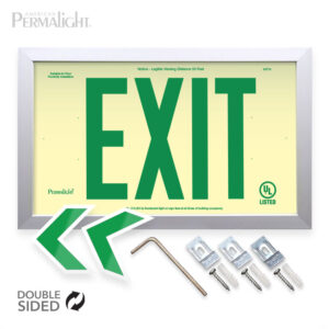 Permalight Rigid PVC Plastic EXIT Sign, Silver Aluminum Frame, 6-inch Green Lettering (Double-Sided)